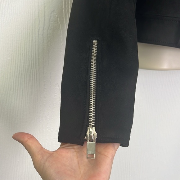 Zara - Black Faux Suede Cropped Moto Biker Long Sleeve Zipper Jacket Size XS - Picture 4 of 11